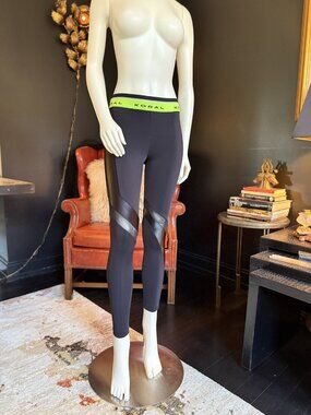 NWOT KORAL Black Liquid Leggings Green Waistband Calf Mesh Size S